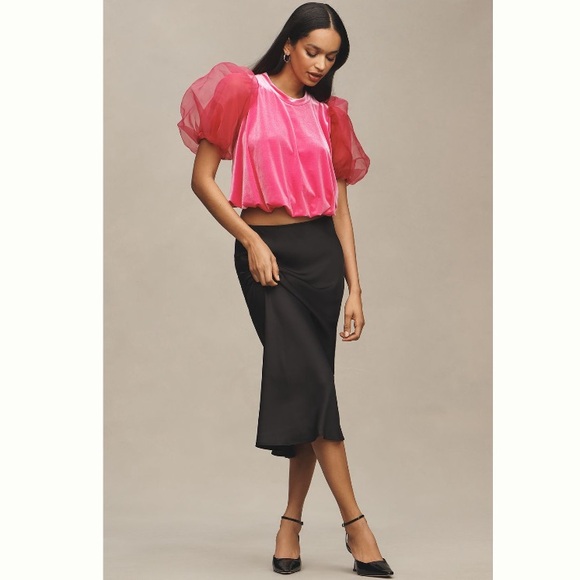 Maeve Elegant Pink Puff Sleeve Velvet Top - Picture 4 of 12